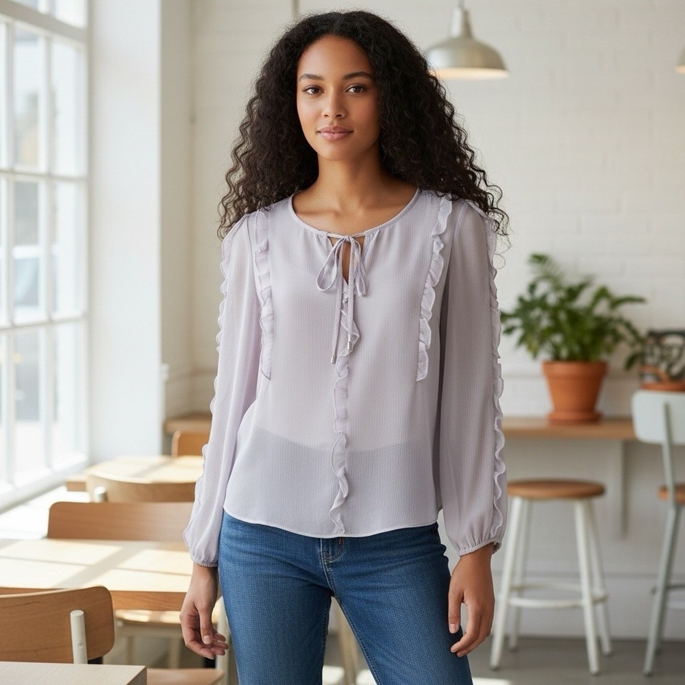 WHITE HOUSE BLACK MARKET Womens Sheer Ruffle Tie Neck Long Sleeve Blouse Top‎ S - Picture 2 of 4